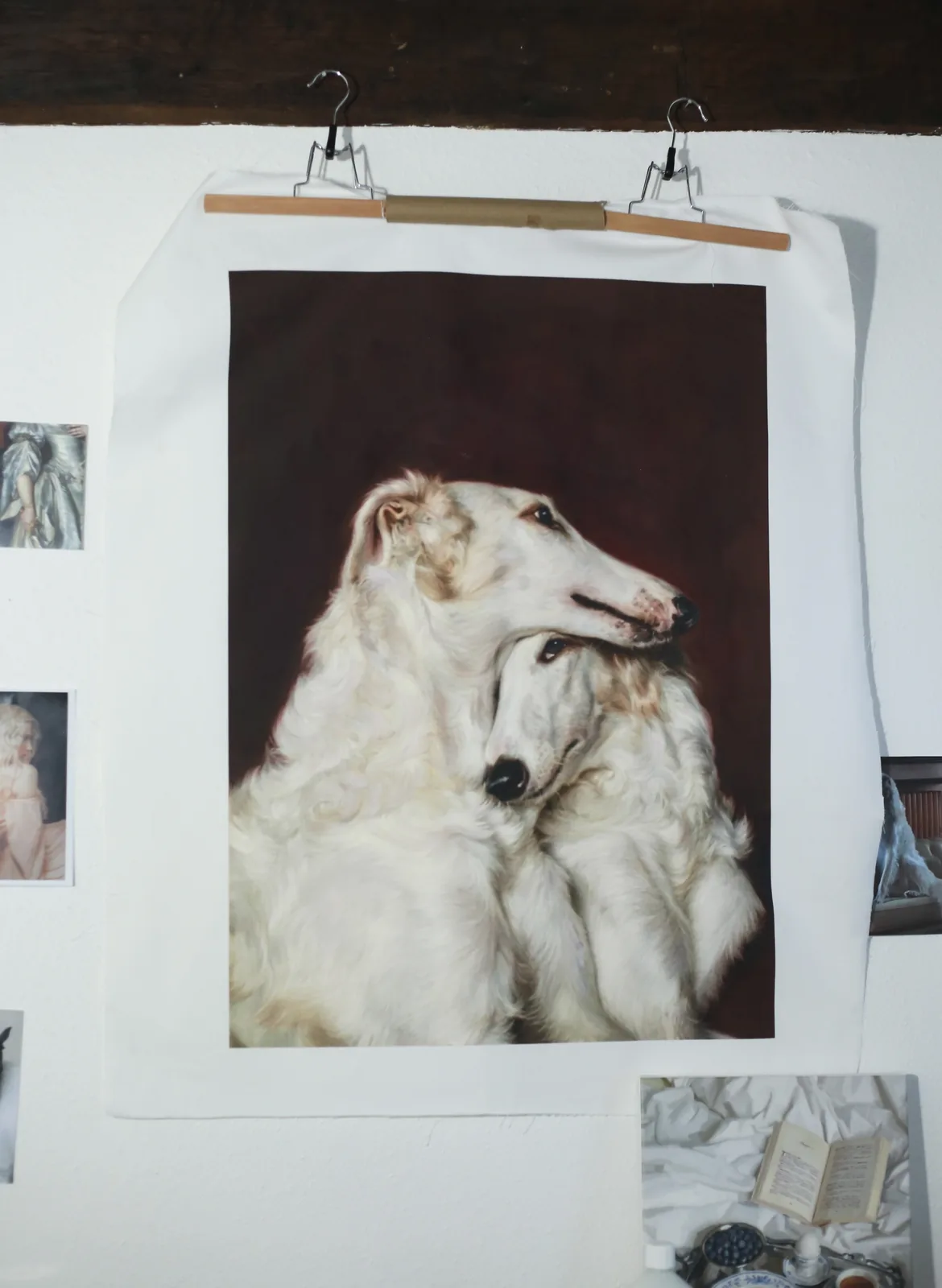 The canvas proof hanging in the studio