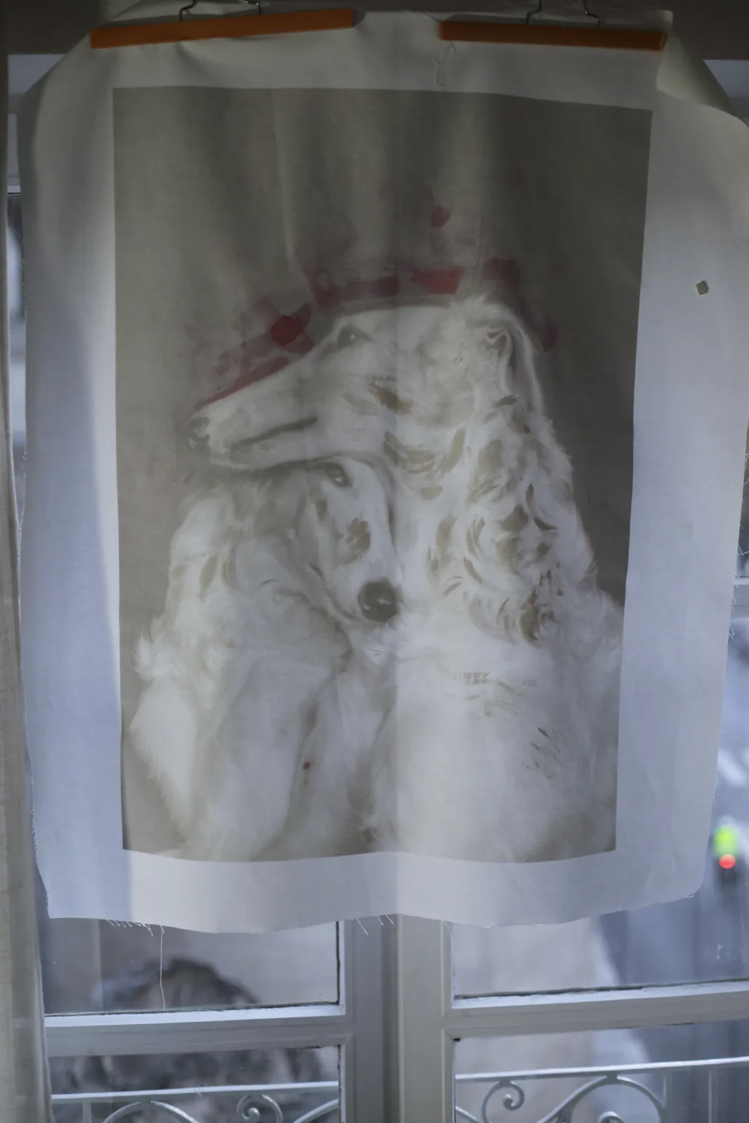 The cotton canvas held to the window, showing the weave